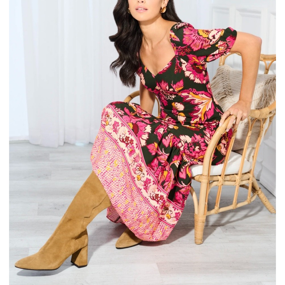 Adrianna by Adrianna Papell Rayon Sweetheart Neck Tiered Midi Dress SZ8 Floral - Picture 4 of 10